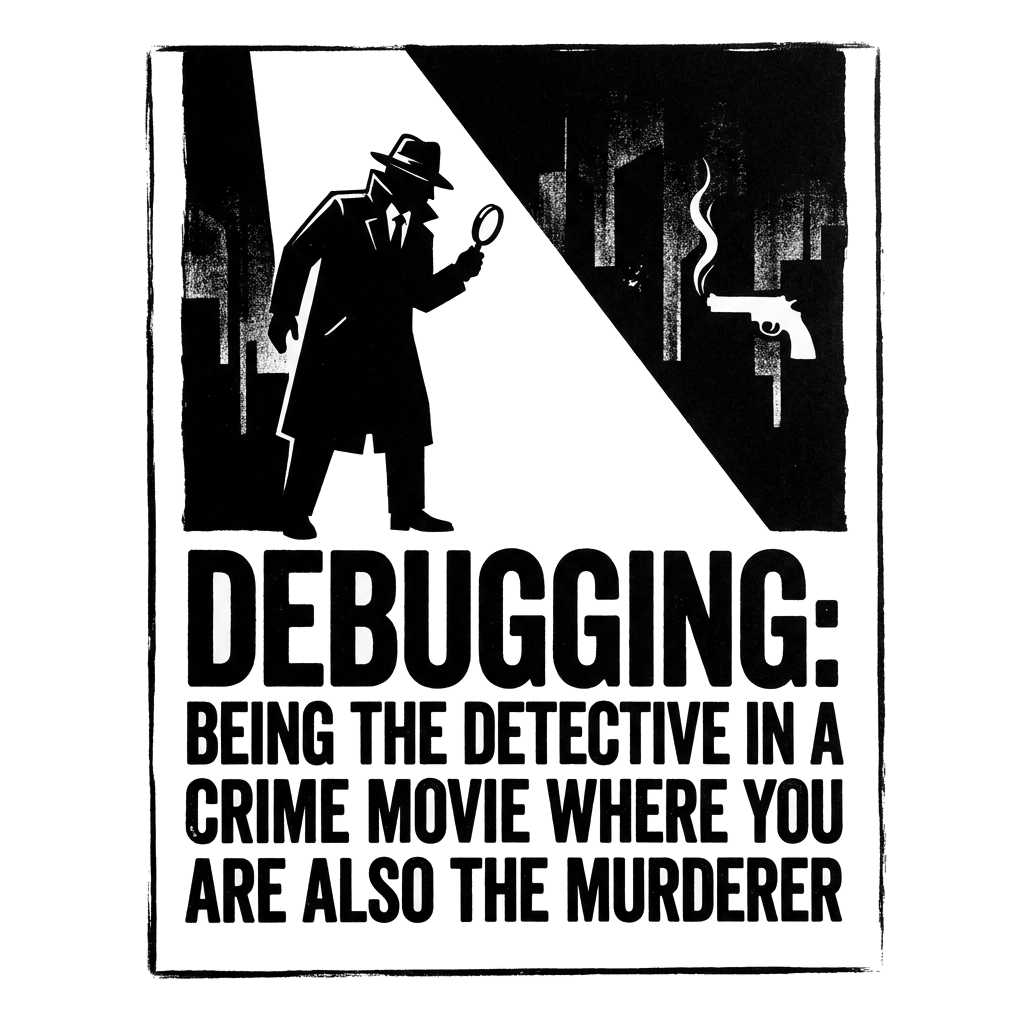Artwork generated from 'tee that says "debugging: being the detective in a crime movie where you are also the murderer" noir style on black'