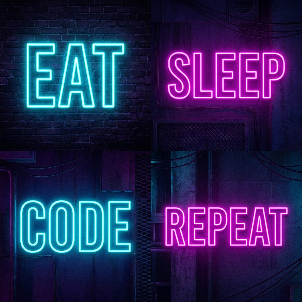 Artwork generated from 'poster that says "EAT SLEEP CODE REPEAT" four panel neon grid'
