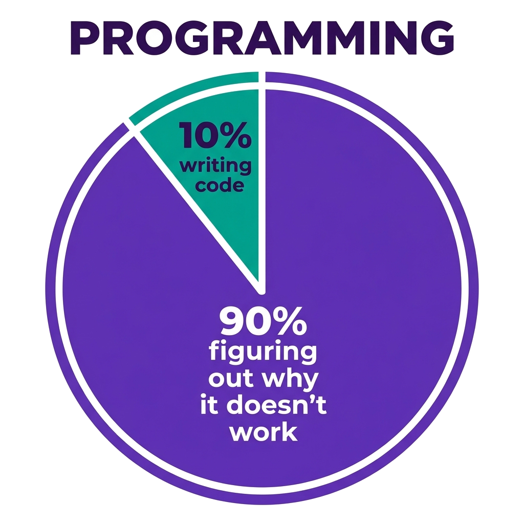 Artwork generated from 'tee that says "programming is 10% writing code and 90% figuring out why it doesn't work" pie chart on violet'