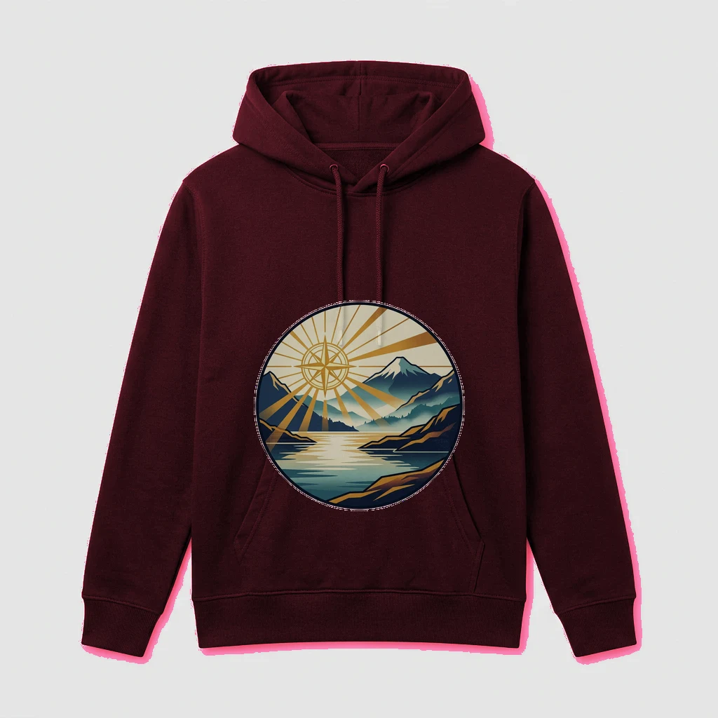 Serene Mountain Lake at Dawn, Hoodie, Product, Maroon
