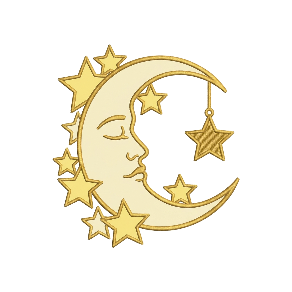 Artwork generated from 'embroidered crescent moon and stars cap on charcoal'
