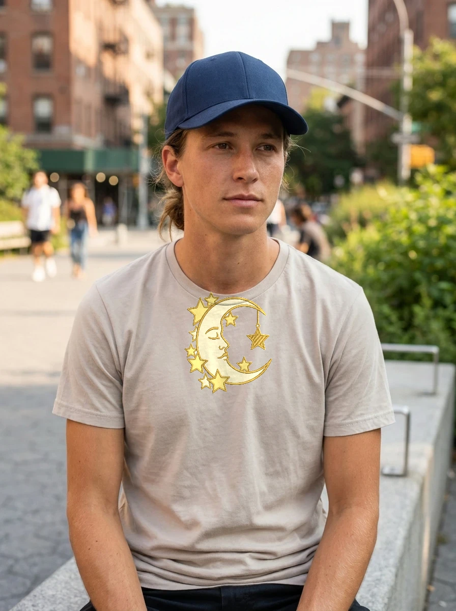 Embroidered Crescent Moon and Stars Cap, Worn, Navy