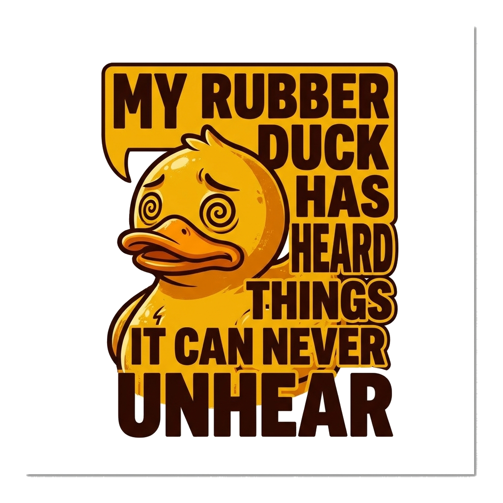Artwork generated from 'tee that says "my rubber duck has heard things it can never unhear" traumatized duck on golden yellow'