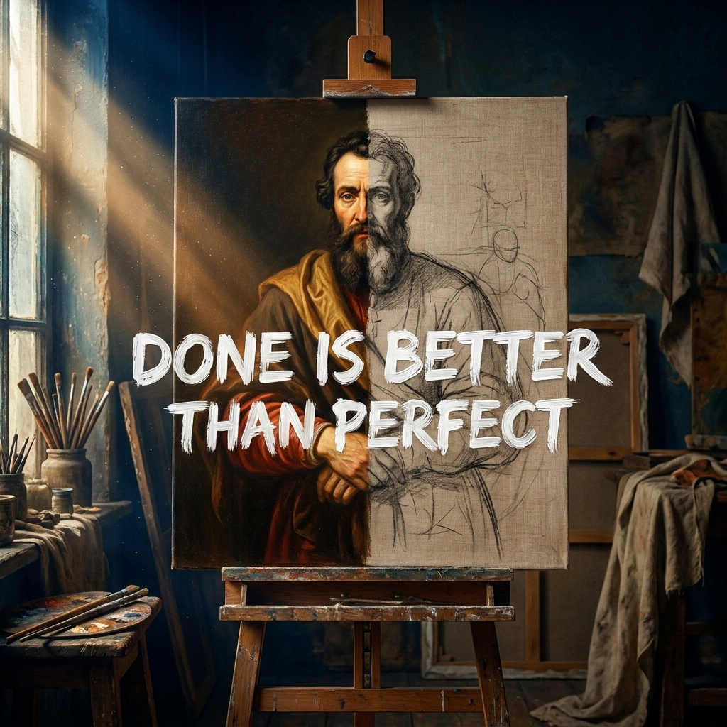 Artwork generated from 'poster that says "DONE IS BETTER THAN PERFECT" half-finished masterpiece painting'
