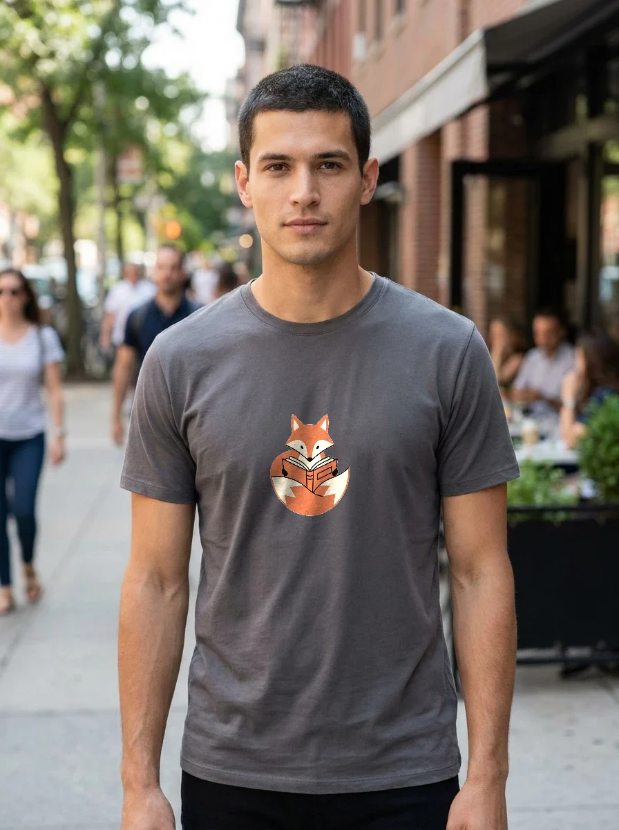 Minimalist Fox Reading a Book Tee, Worn, Asphalt