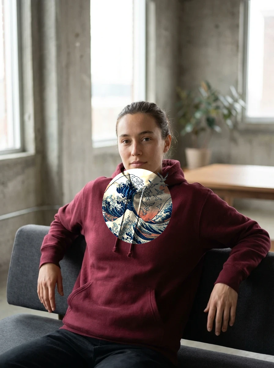 Ukiyo-e Great Wave Hoodie, Worn, Maroon