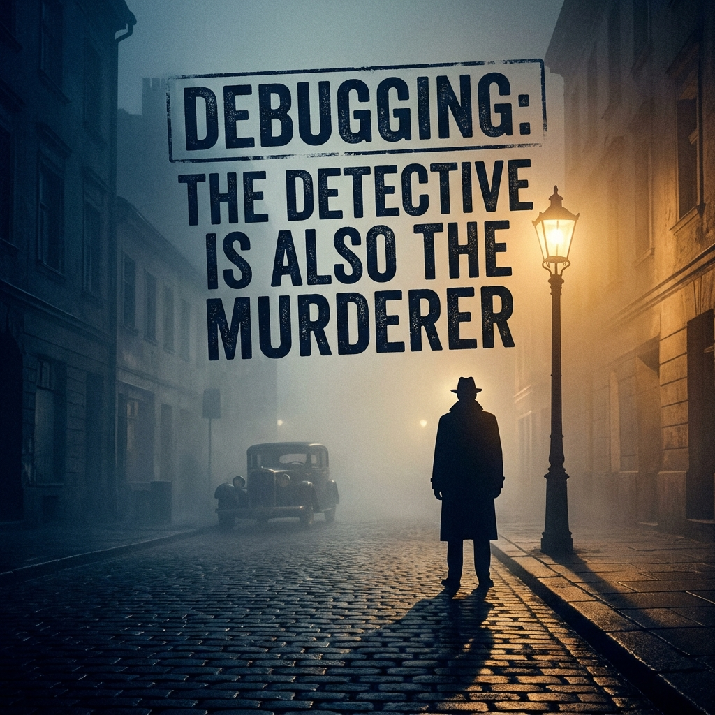 Artwork generated from 'poster that says "DEBUGGING: THE DETECTIVE IS ALSO THE MURDERER" film noir one-sheet'