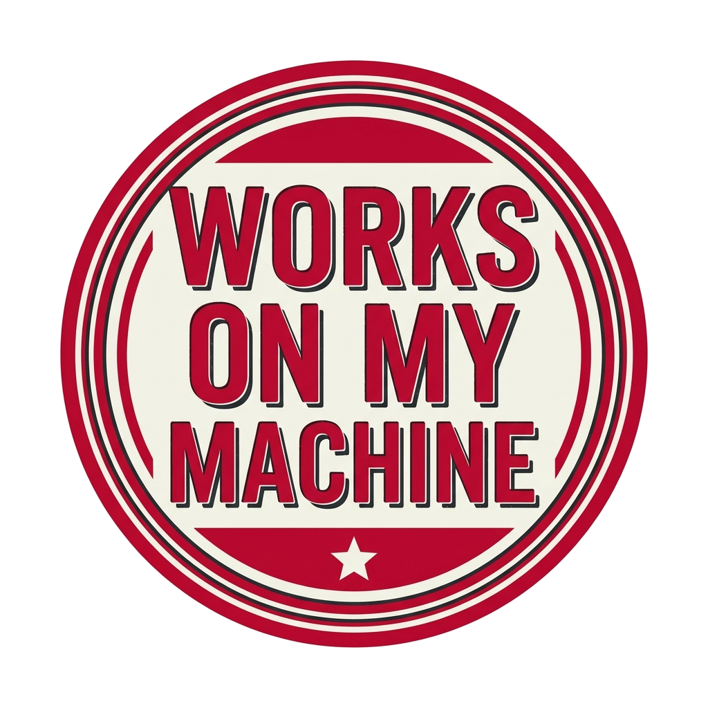 Artwork generated from 'mug that says "works on my machine" tiny certified stamp'