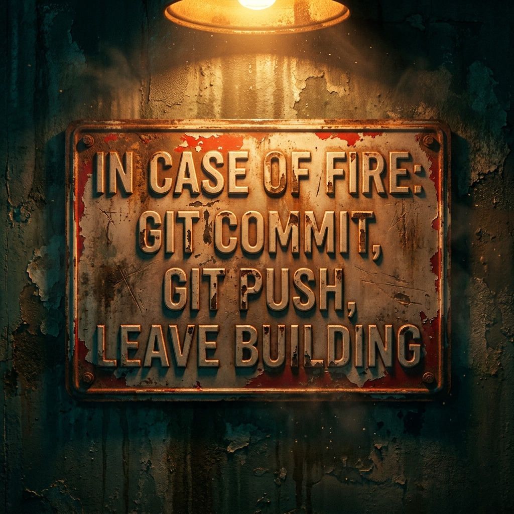 Artwork generated from 'poster that says "IN CASE OF FIRE: GIT COMMIT, GIT PUSH, LEAVE BUILDING" fire safety sign style'