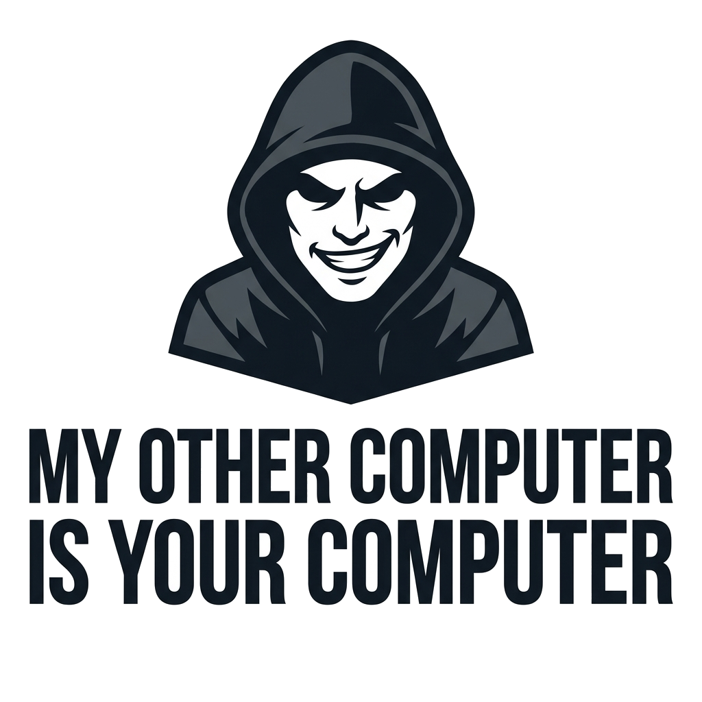 Artwork generated from 'hoodie that says "my other computer is your computer" hacker smirk on charcoal'