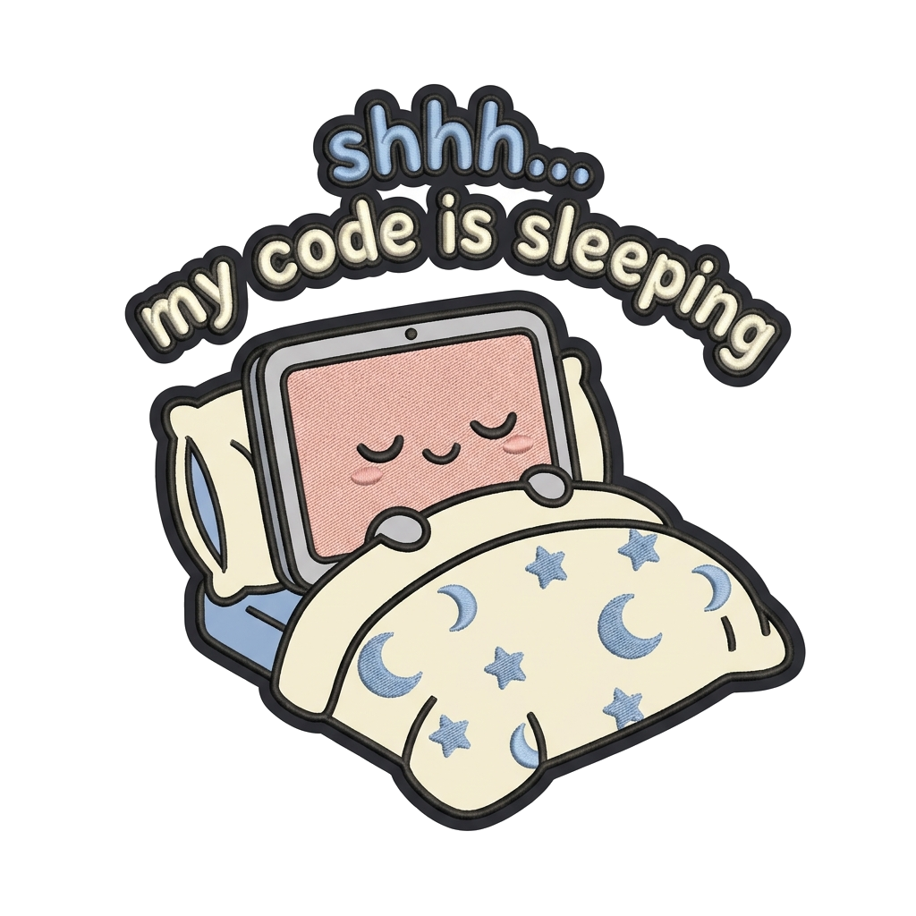 Artwork generated from 'sticker that says "shhh... my code is sleeping" tucked-in laptop'