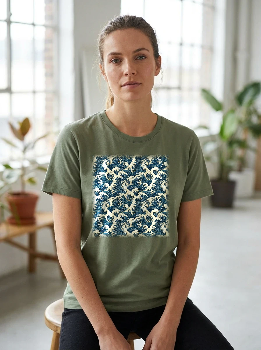 All-over Ukiyo-e Wave Pattern Tshirt, Worn, All-Over Print