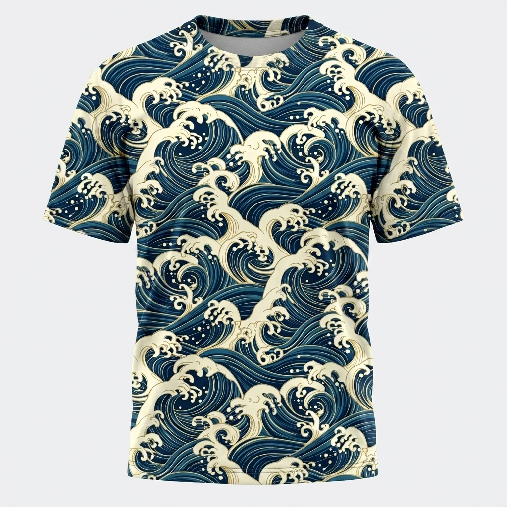 All-over Ukiyo-e Wave Pattern Tshirt, Product, All-Over Print