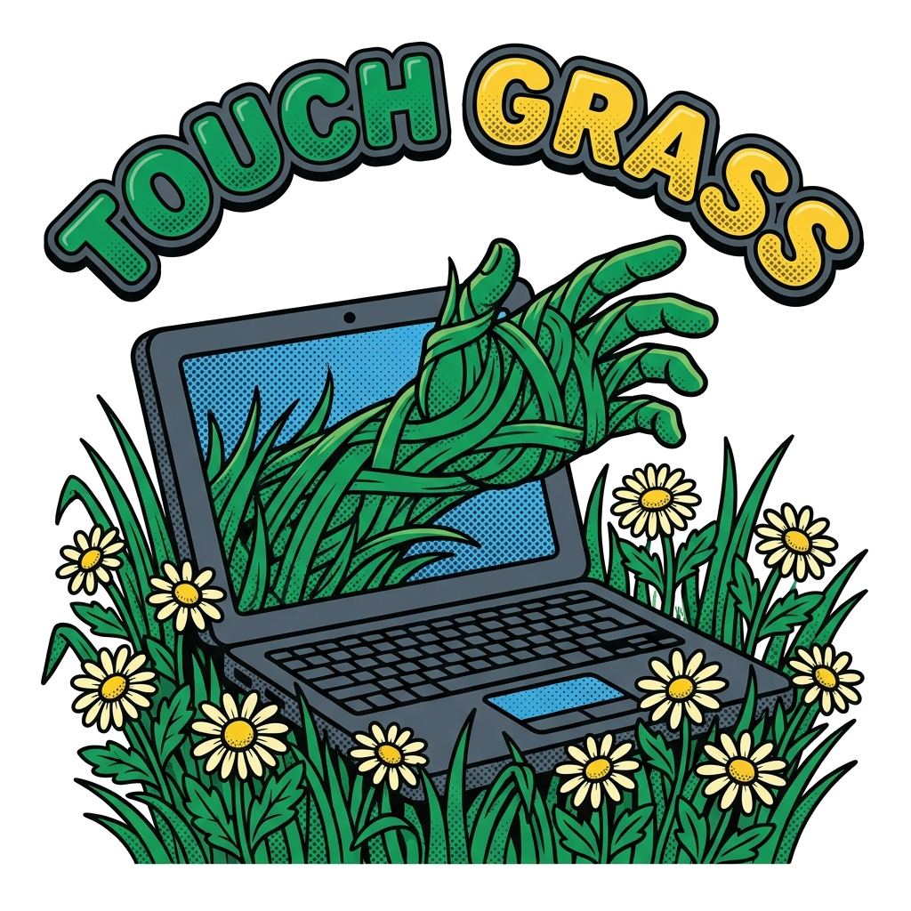 Artwork generated from 'sticker that says "touch grass" laptop in a meadow'