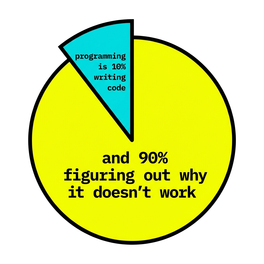 Artwork generated from 'tee that says "programming is 10% writing code and 90% figuring out why it doesn't work" pie chart on violet'