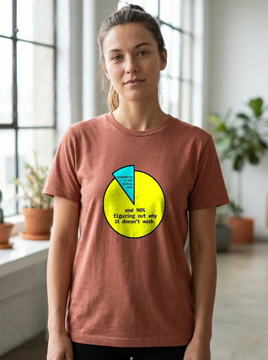 Tee That Says "Programming Is 10% Writing Code and 90%…", Worn, Heather Clay