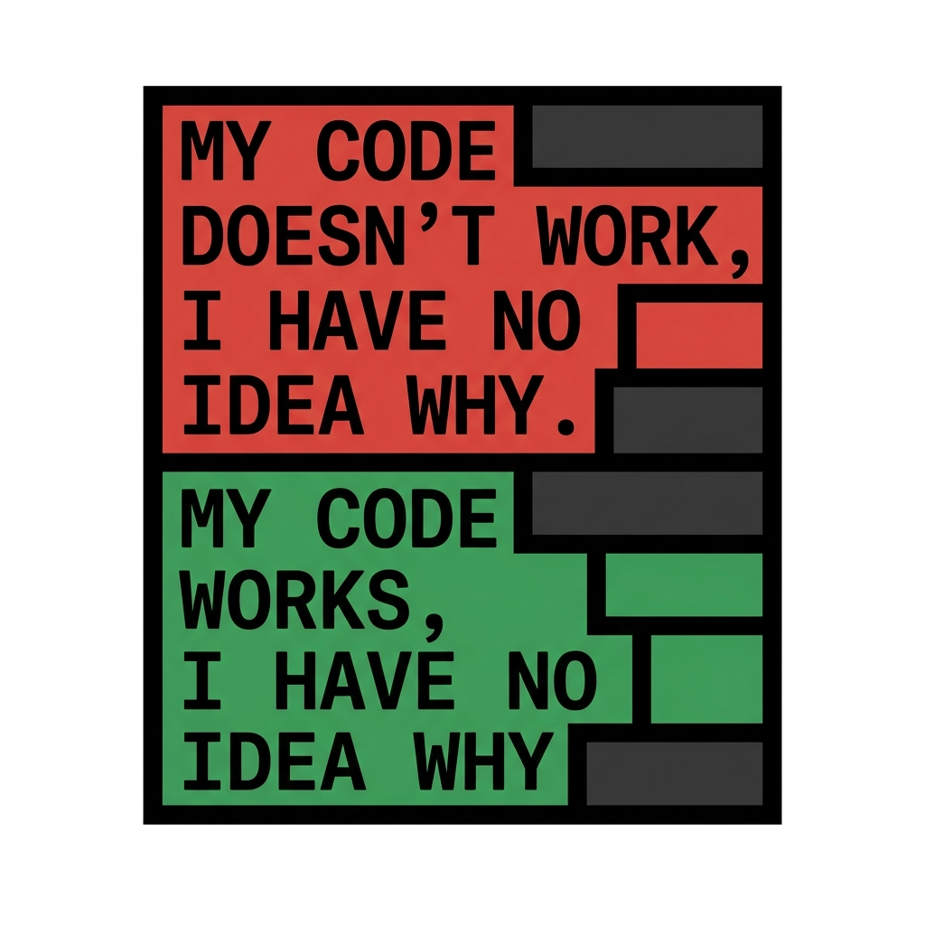 Artwork generated from 'tee that says "my code doesn't work, i have no idea why. my code works, i have no idea why" split front on heather grey'