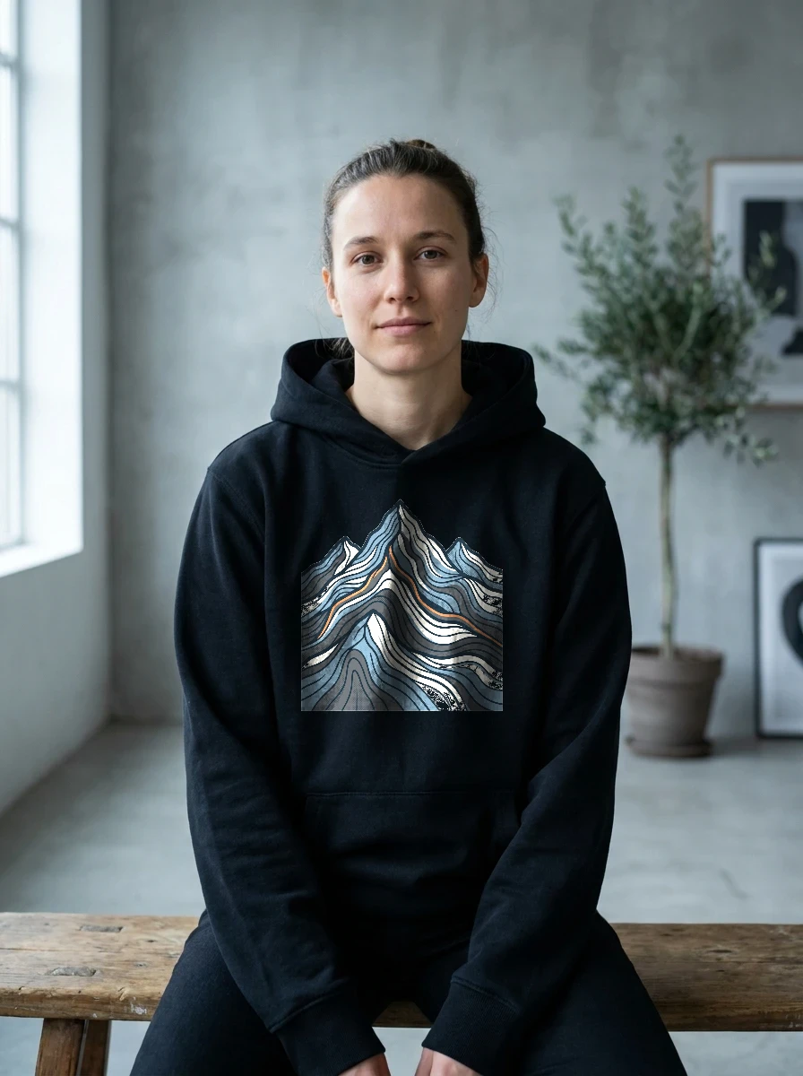 Mountain Range Topographic Contour Lines Hoodie, Worn, Black