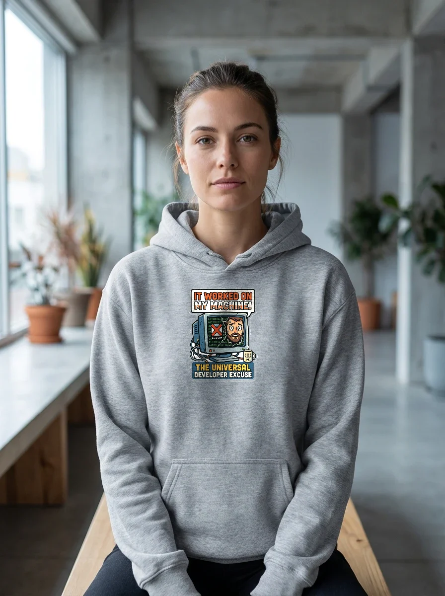 Developer Meme Hoodie, Worn, Athletic Heather