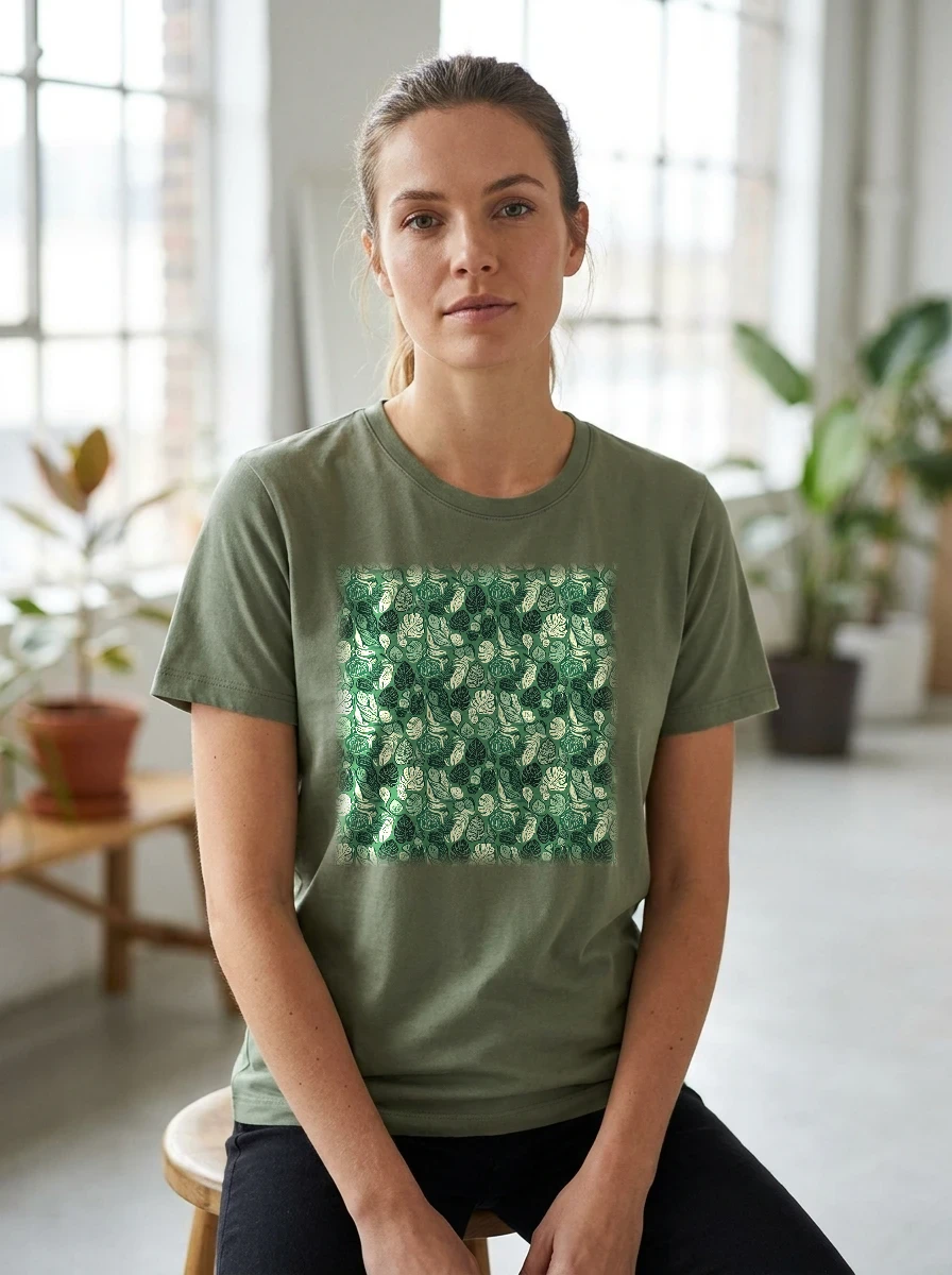 All-over Botanical Linocut Leaves Pattern Tshirt, Worn, All-Over Print