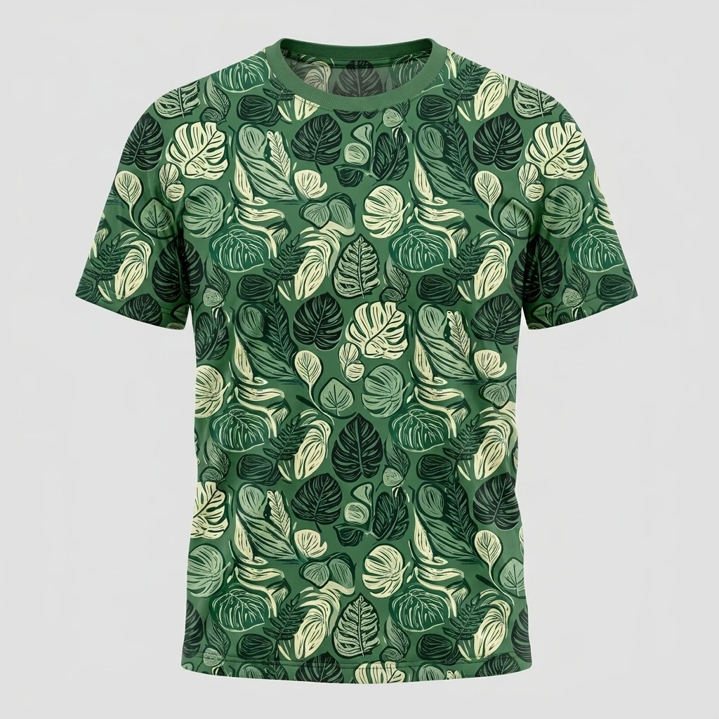 All-over Botanical Linocut Leaves Pattern Tshirt, Product, All-Over Print