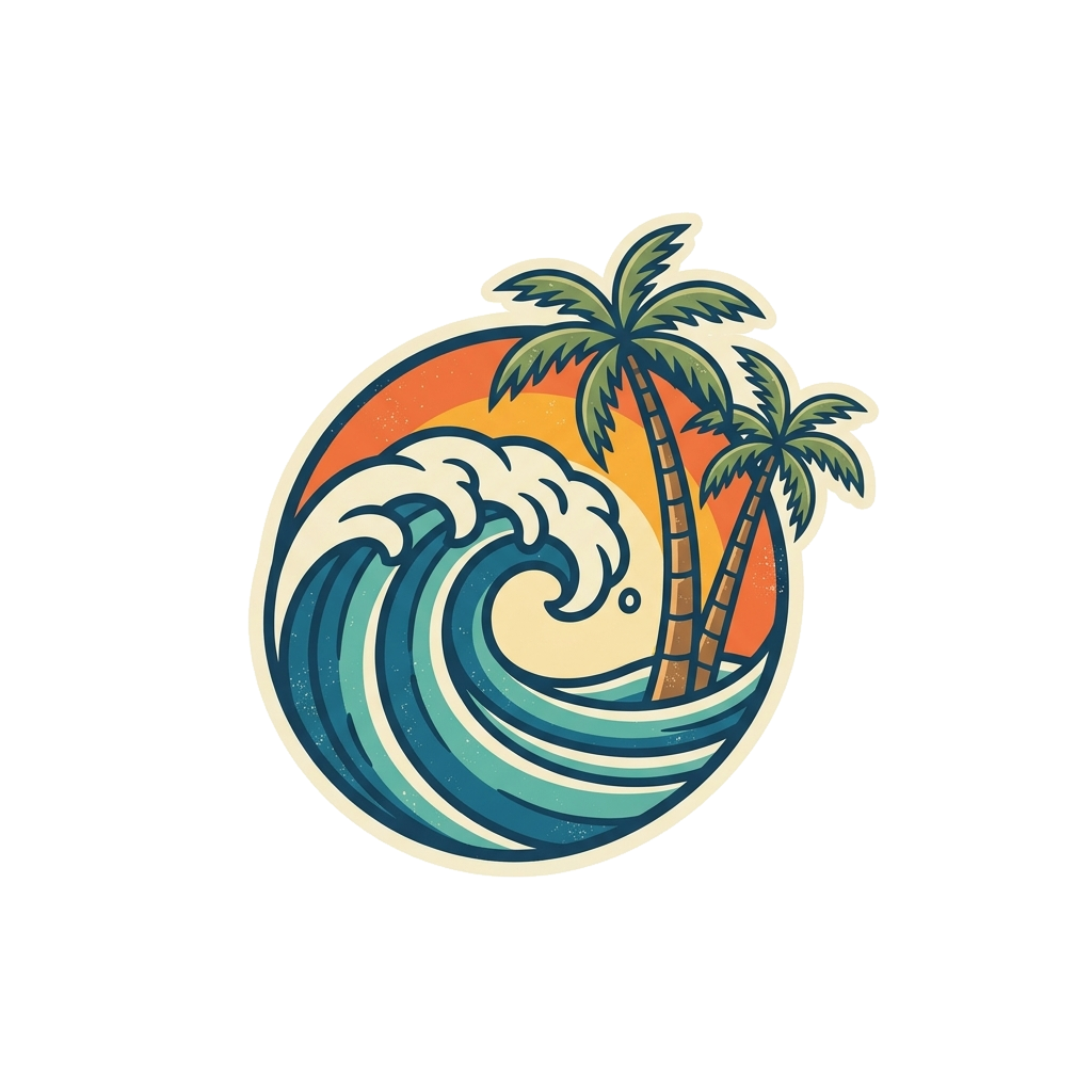 Artwork generated from 'surf wave and palm trees, retro sweatshirt'