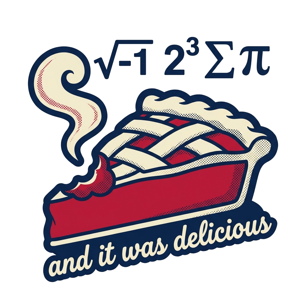 Artwork generated from 'tee that says "√-1 2³ Σ π and it was delicious" i ate some pie on golden yellow'