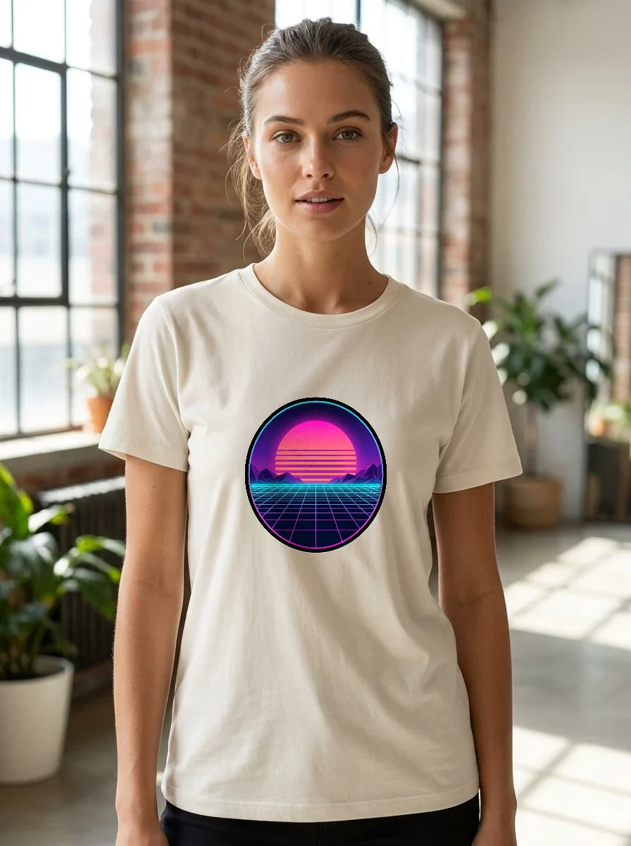 Retro 80s Synthwave Sunset Grid T-shirt, Worn, Ash