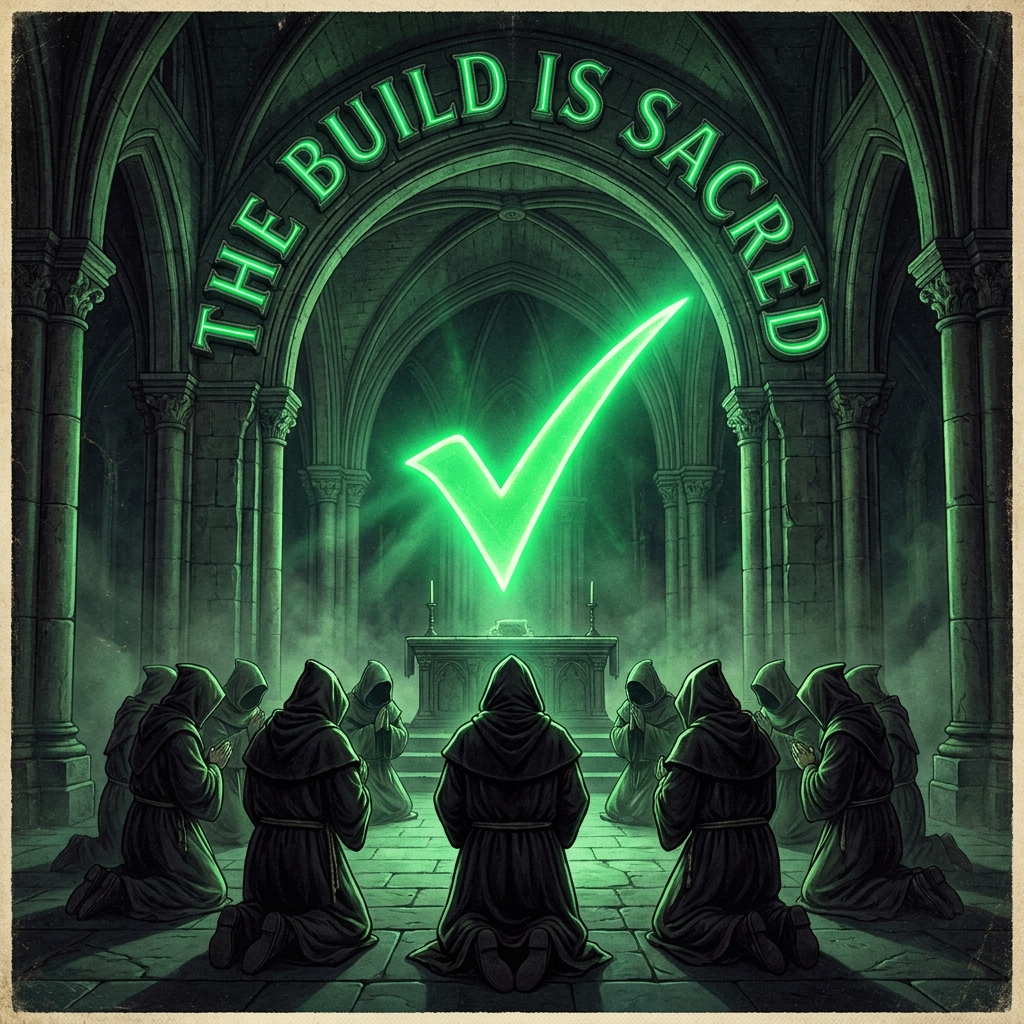 Artwork generated from 'poster that says "THE BUILD IS SACRED" monks worshipping a green checkmark'