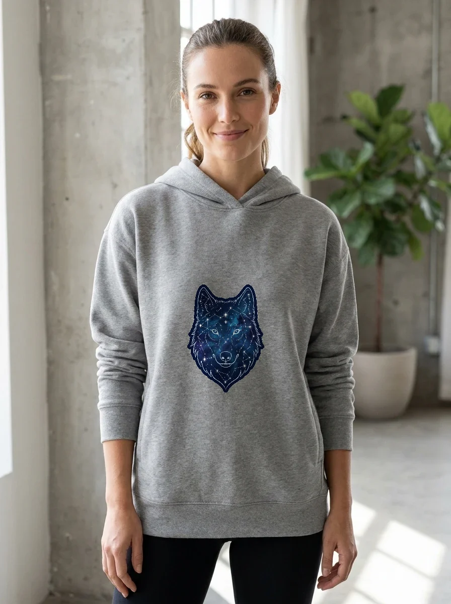 Midnight Wolf Constellation Hoodie, Worn, Athletic Heather