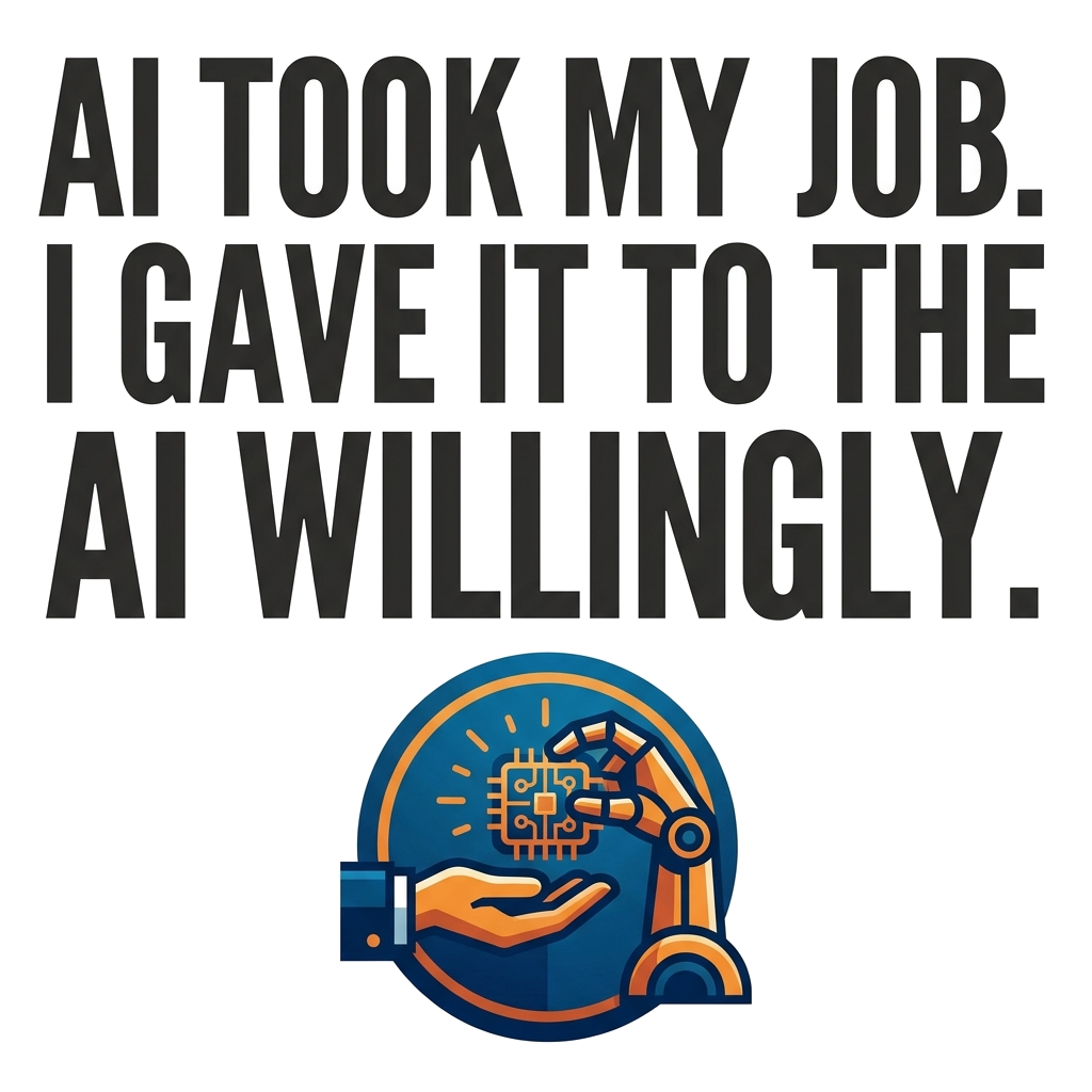 Artwork generated from 'tee that says "AI took my job. i gave it to the AI willingly." on charcoal'