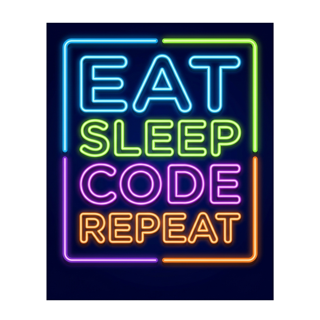 Artwork generated from 'hoodie that says "eat sleep code repeat" neon sign style on midnight navy'