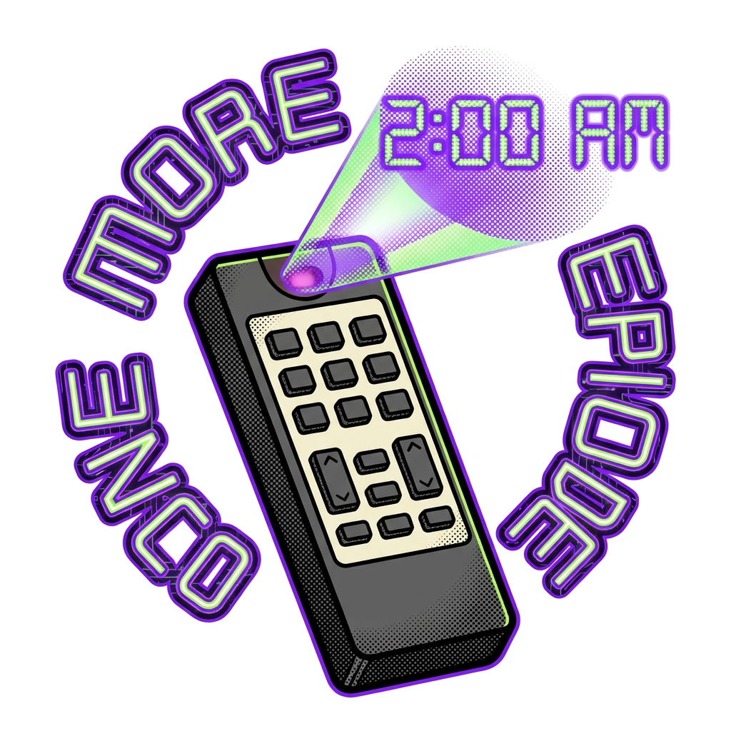 Artwork generated from 'sticker that says "one more episode" glowing remote at 2am'