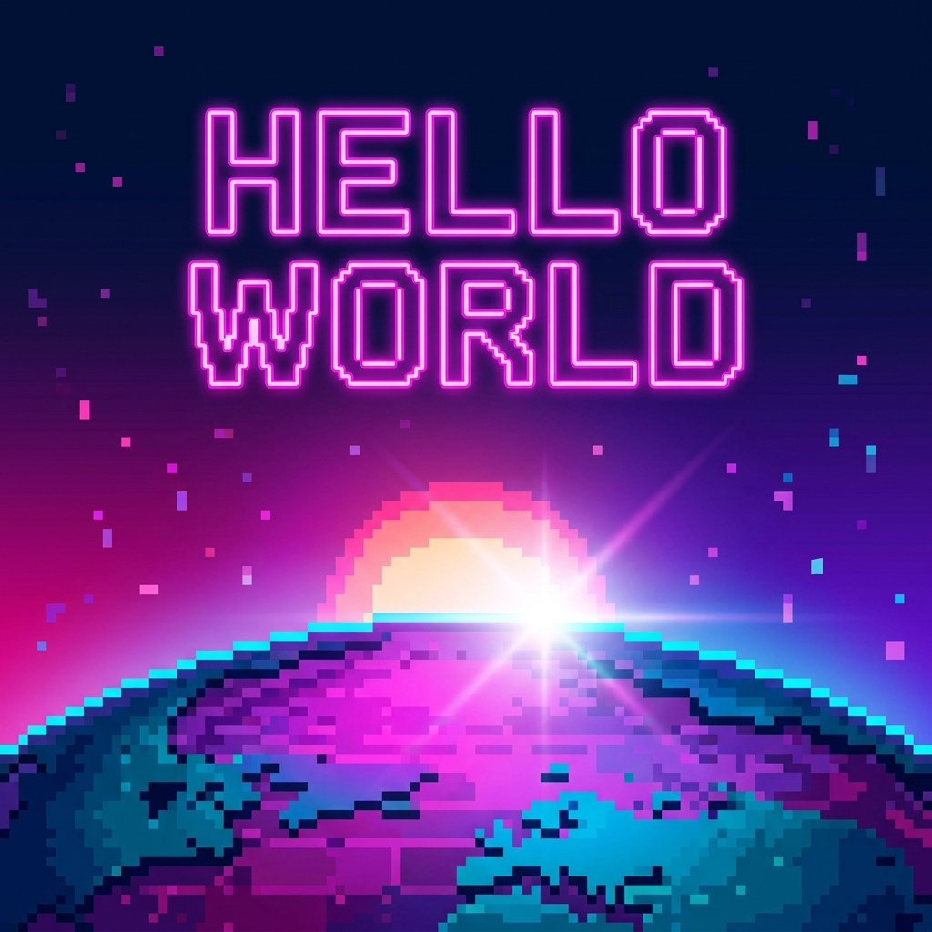 Artwork generated from 'poster that says "HELLO WORLD" sunrise over a pixel planet'