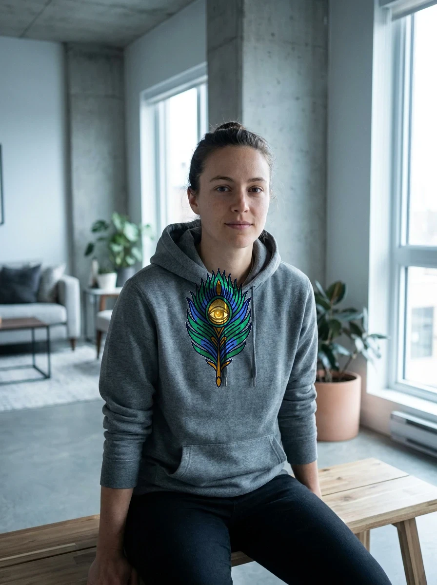 Embroidered Peacock Feather Patch Hoodie, Worn, Asphalt