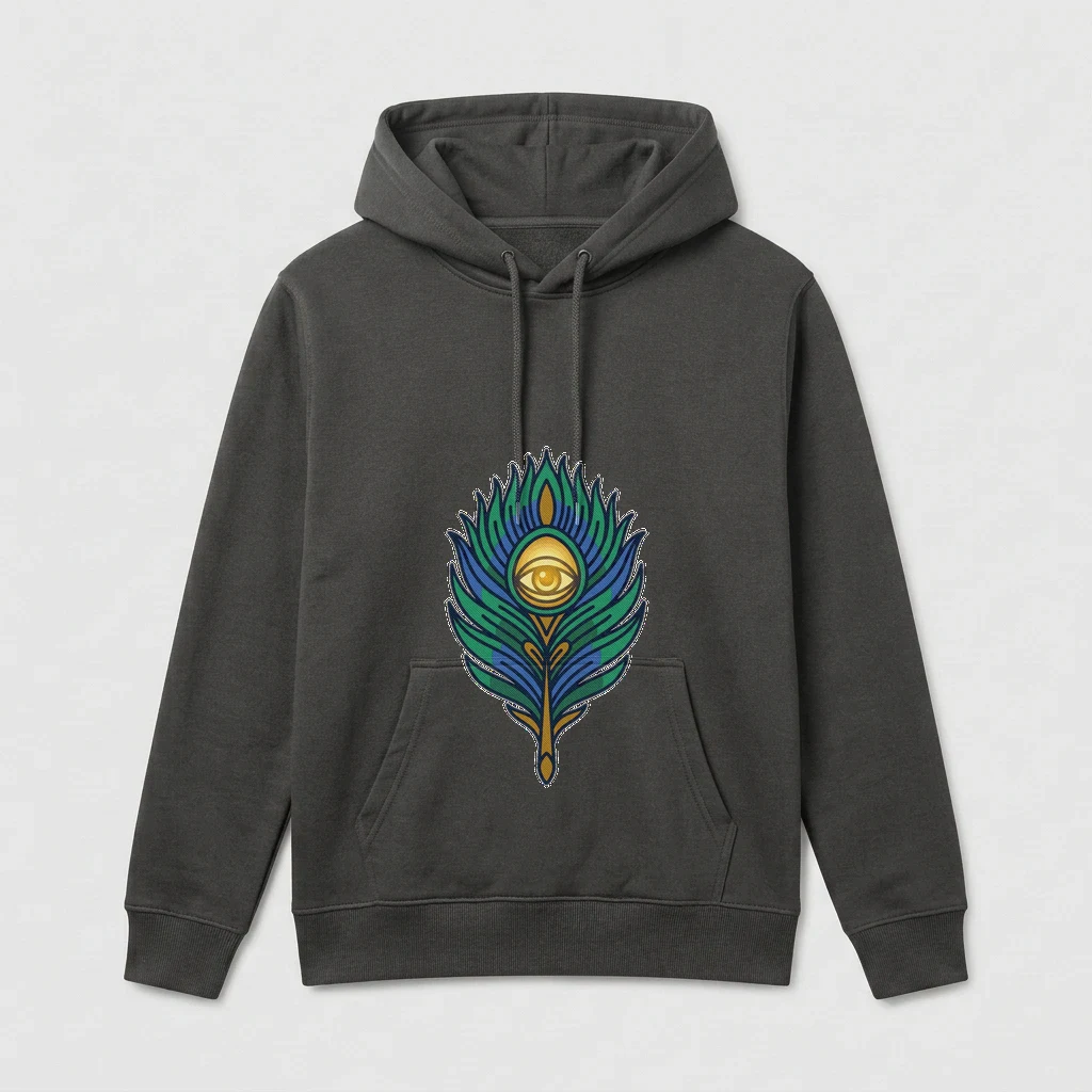 Embroidered Peacock Feather Patch Hoodie, Product, Asphalt