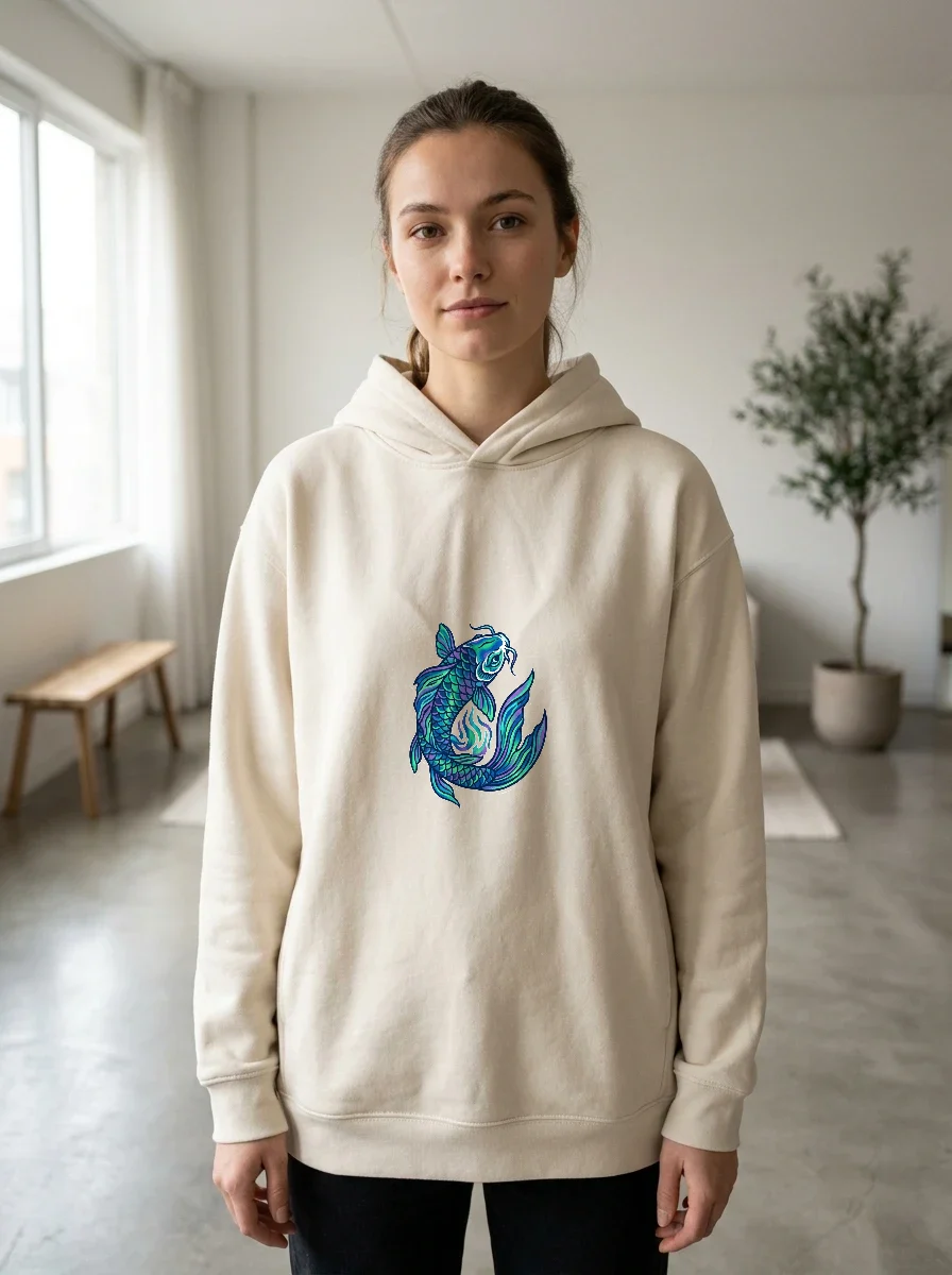 Aurora Borealis Koi Fish Hoodie, Worn, Athletic Heather
