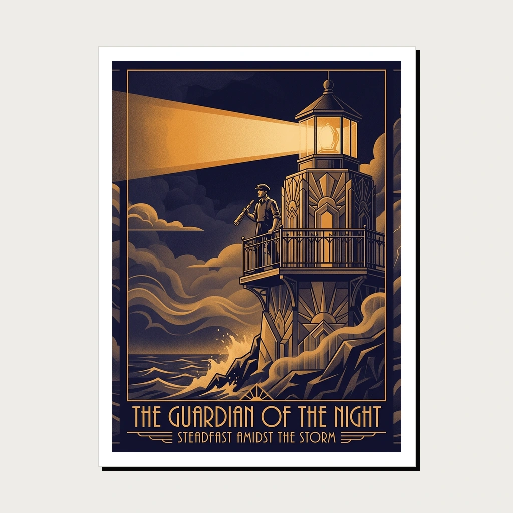 Midnight Lighthouse Keeper Art Deco Poster, Product, Paper