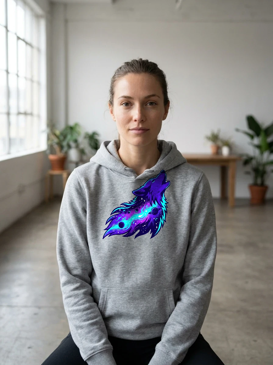 Cosmic Wolf on the Back, Hoodie, Worn, Athletic Heather