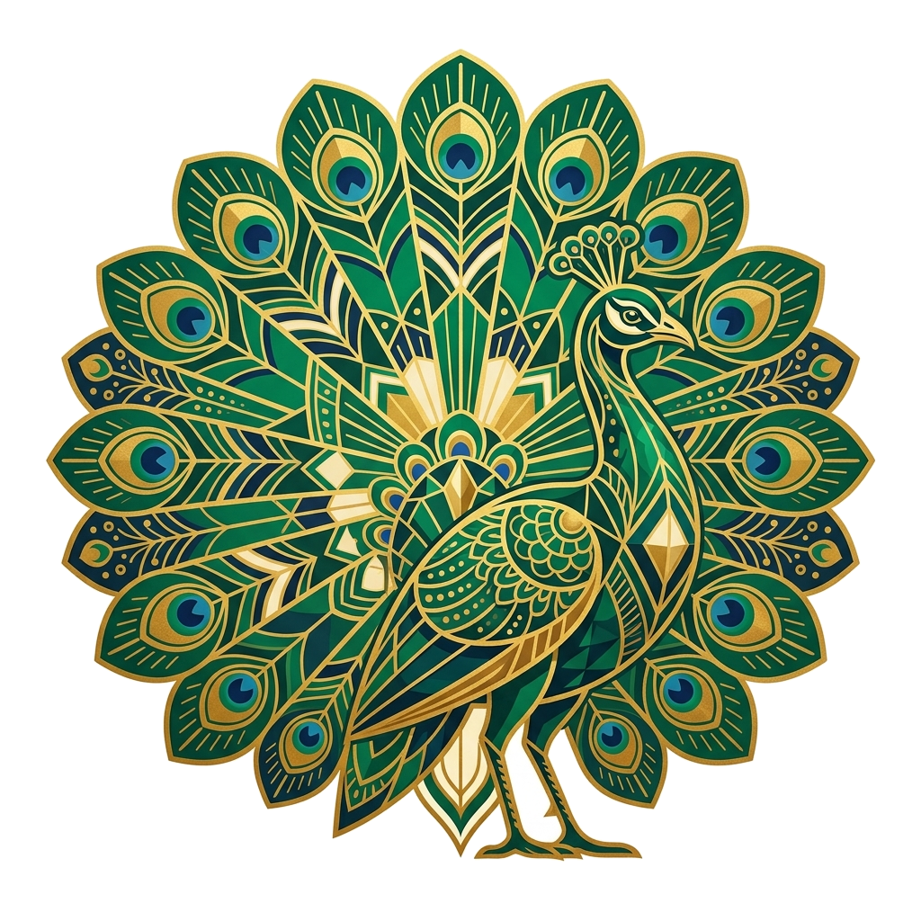 Artwork generated from 'art deco peacock in emerald and gold hoodie'