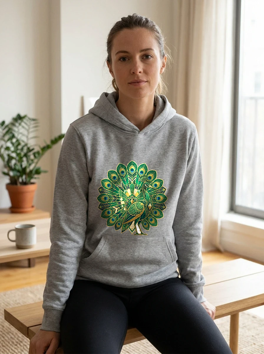 Art Deco Peacock in Emerald, Worn, Athletic Heather