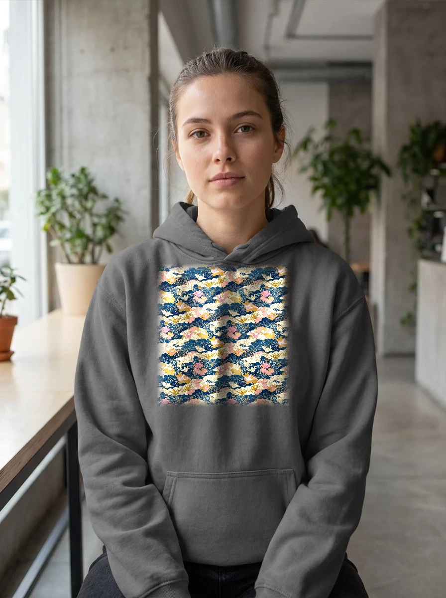 All-over Origami Crane Pattern Hoodie, Worn, All-Over Print