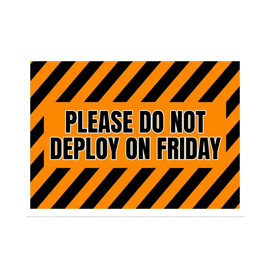 Artwork generated from 'tee that says "please do not deploy on friday" warning stripes on safety orange'