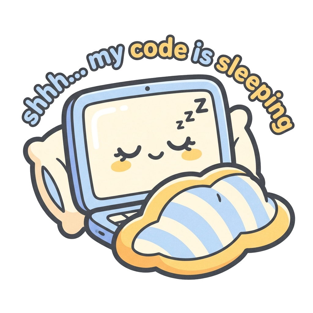 Artwork generated from 'sticker that says "shhh... my code is sleeping" tucked-in laptop'