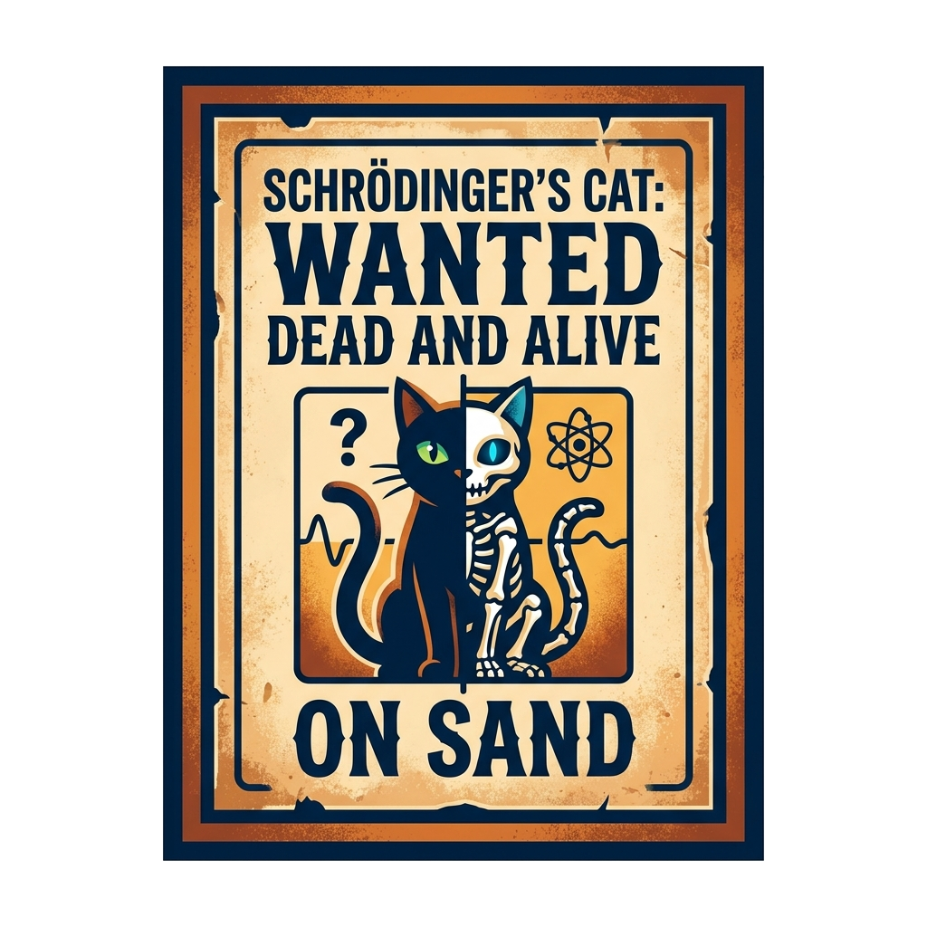 Artwork generated from 'tee that says "schrödinger's cat: wanted dead and alive" wanted poster on sand'