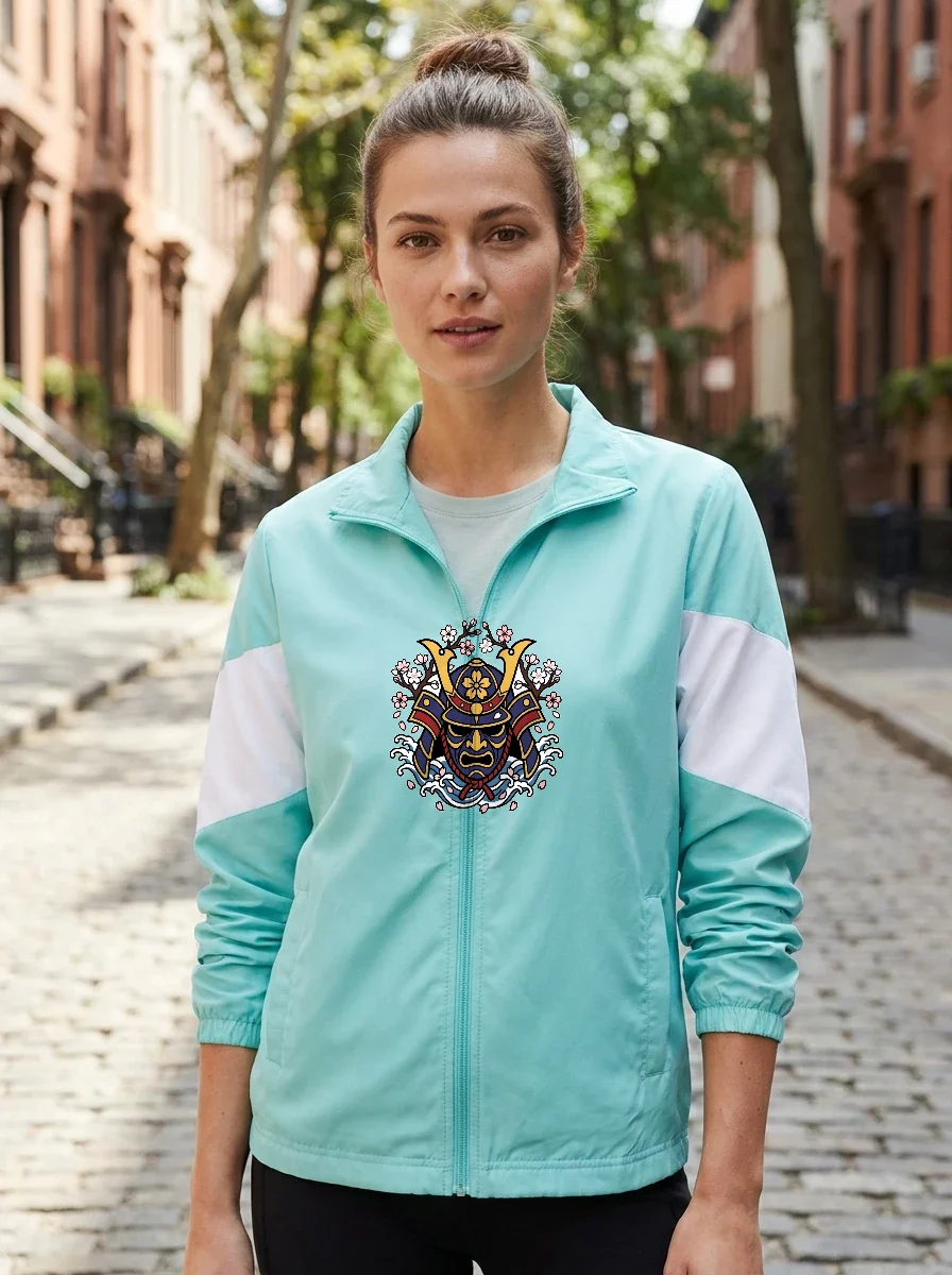 Samurai Cherry Blossom Bomber Jacket, Worn, Aqua/White Zipper