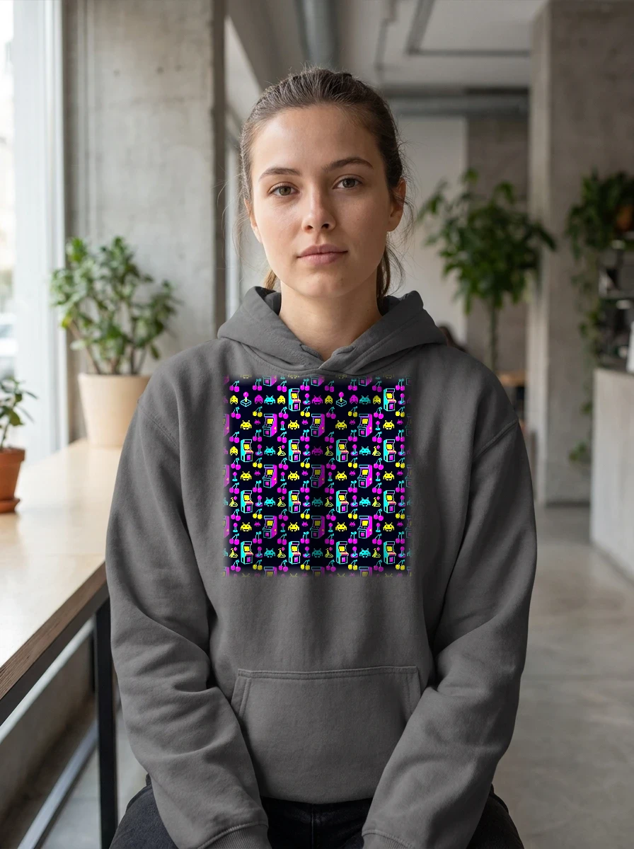 All-over Retro Arcade Pixel Pattern Hoodie, Worn, All-Over Print