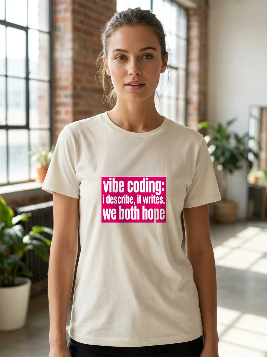Artwork generated from 'tee that says "vibe coding: i describe, it writes, we both hope" on hot pink'