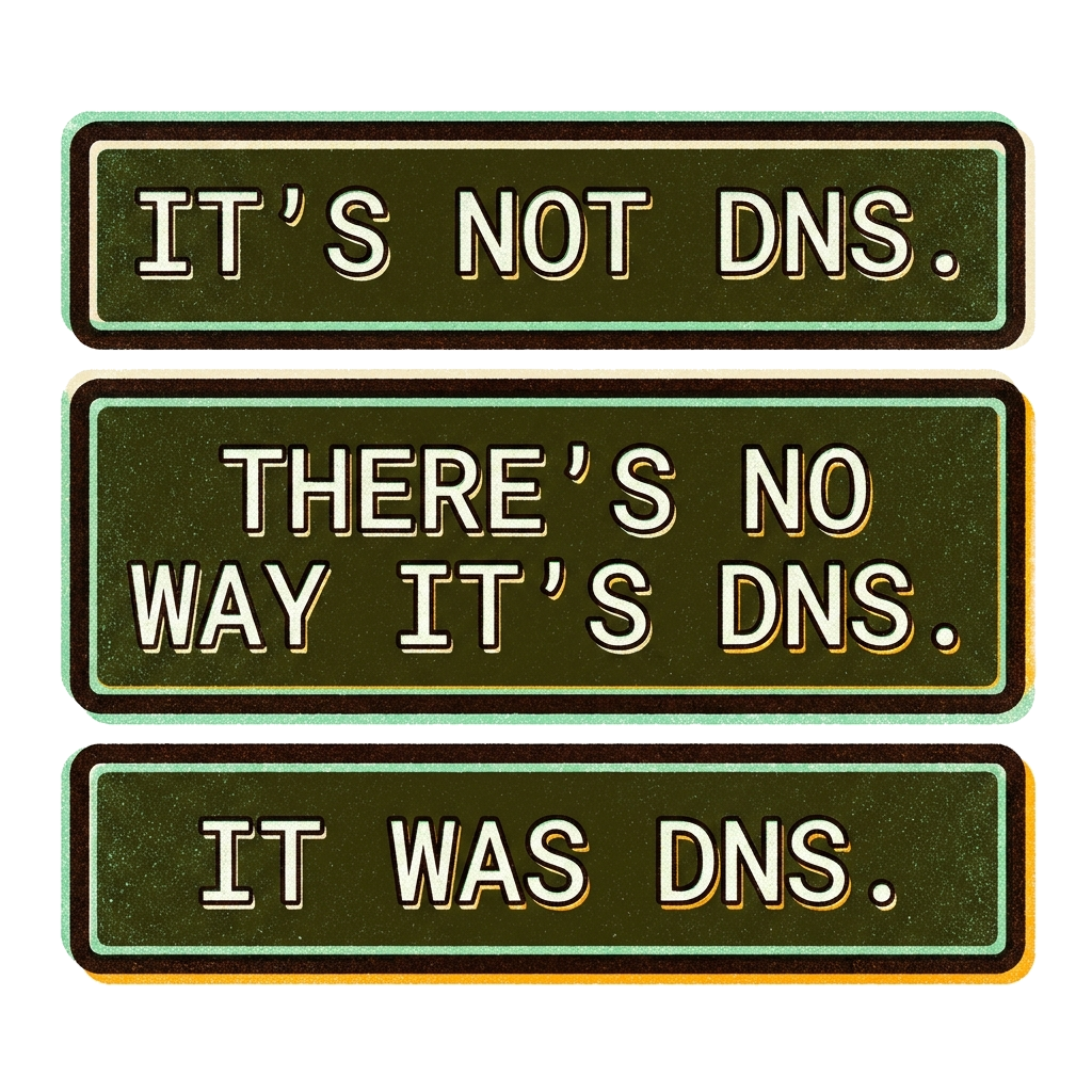 Artwork generated from 'tee that says "it's not DNS. there's no way it's DNS. it was DNS." haiku on midnight navy'
