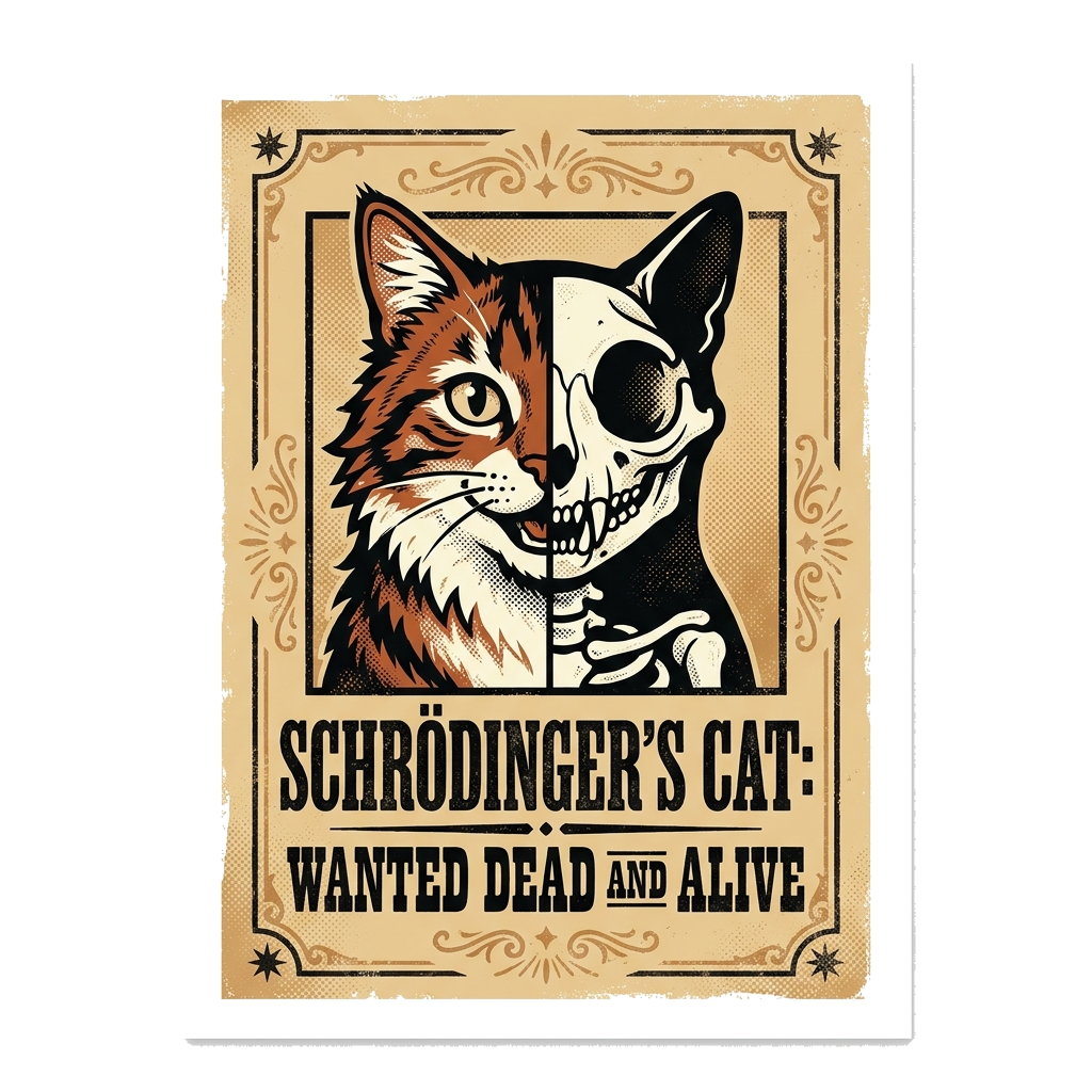 Artwork generated from 'tee that says "schrödinger's cat: wanted dead and alive" wanted poster on sand'